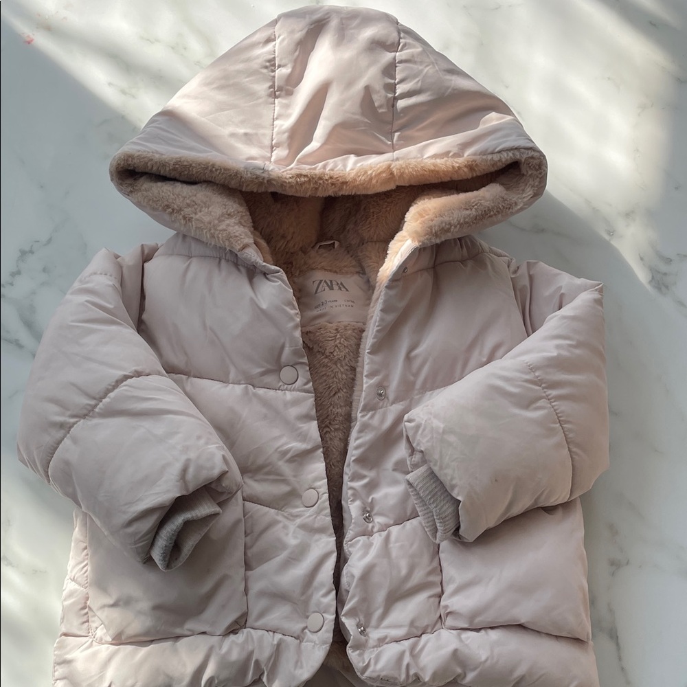 Zara Kids Pink Puffer Jacket with faux fur